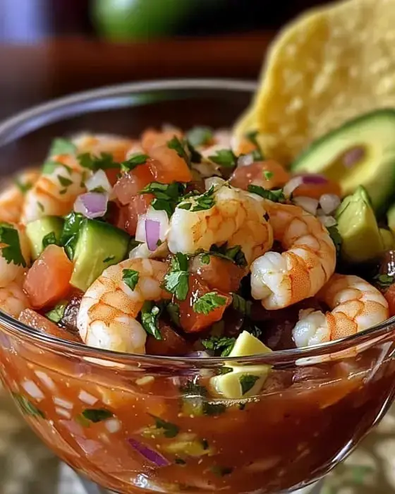 A clear glass bowl filled with shrimp cocktail featuring shrimp, diced tomatoes, avocado, red onion, and cilantro, garnished with a tortilla chip.