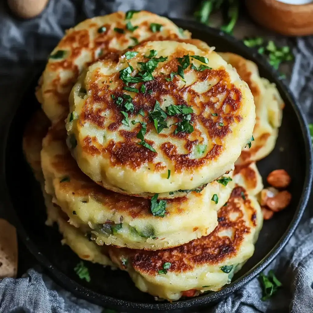 A stack of golden-brown potato pancakes garnished with chopped parsley, served on a dark plate.