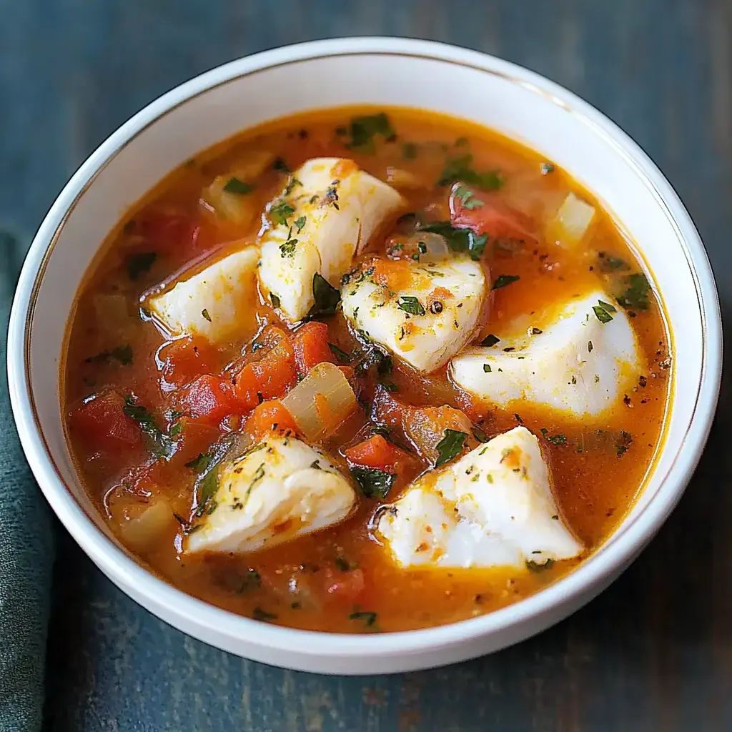 A bowl of fish stew with chunks of white fish, diced tomatoes, and herbs in a savory broth.