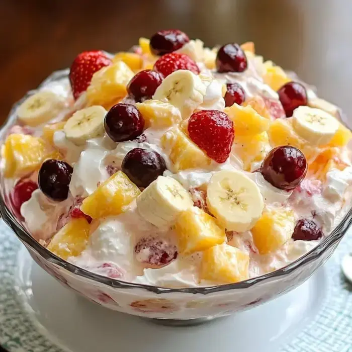 A large glass bowl filled with a colorful fruit salad featuring strawberries, bananas, peaches, and grapes mixed with whipped cream.