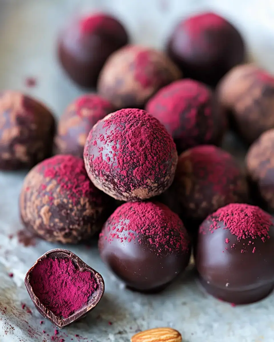 A close-up of chocolate truffles dusted with vibrant pink powder, with one truffle cut in half to reveal its interior.