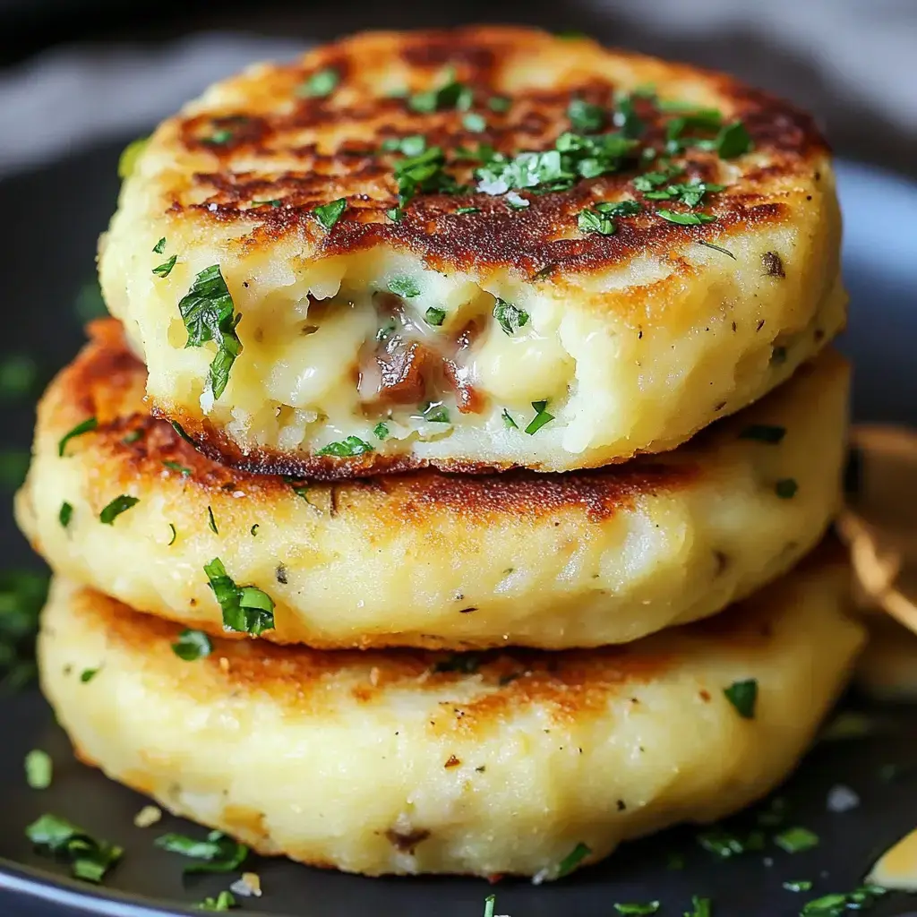 Three golden-brown potato pancakes are stacked on a plate, with a bite taken out of the top one revealing a creamy filling and garnished with chopped parsley.