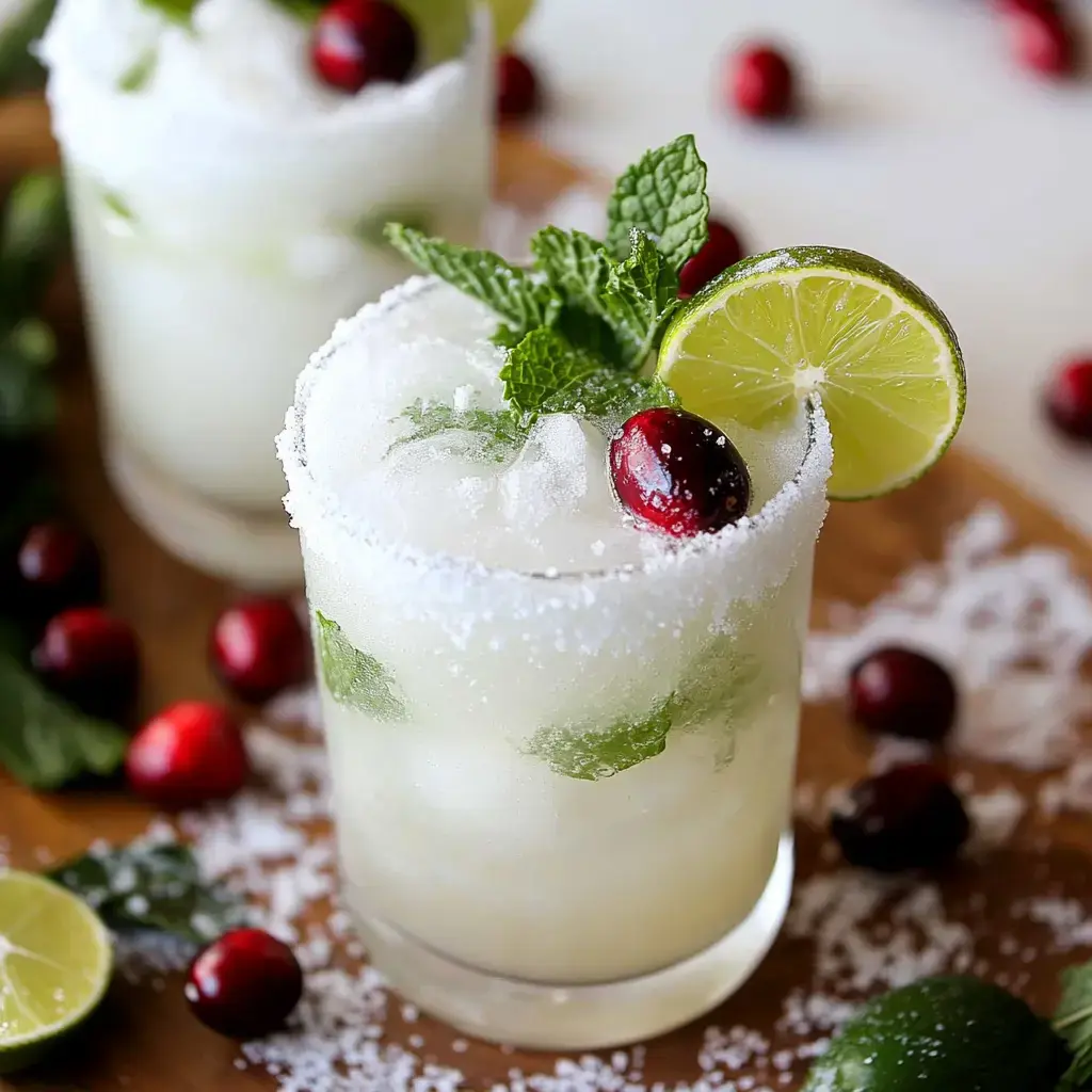 Two refreshing cocktails with crushed ice, garnished with mint leaves, lime slices, and cranberries, are displayed on a wooden surface surrounded by additional lime and cranberries.