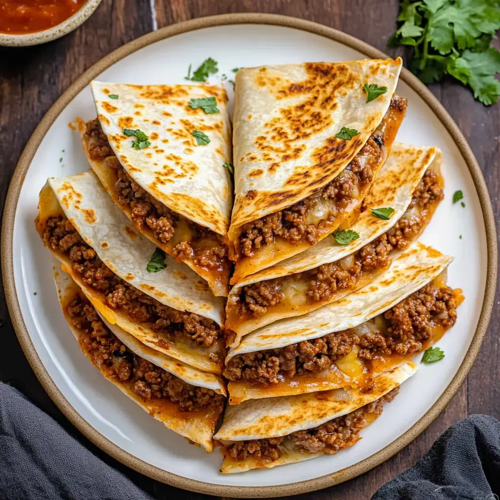 A plate of folded quesadillas filled with seasoned ground beef and cheese, garnished with fresh cilantro.