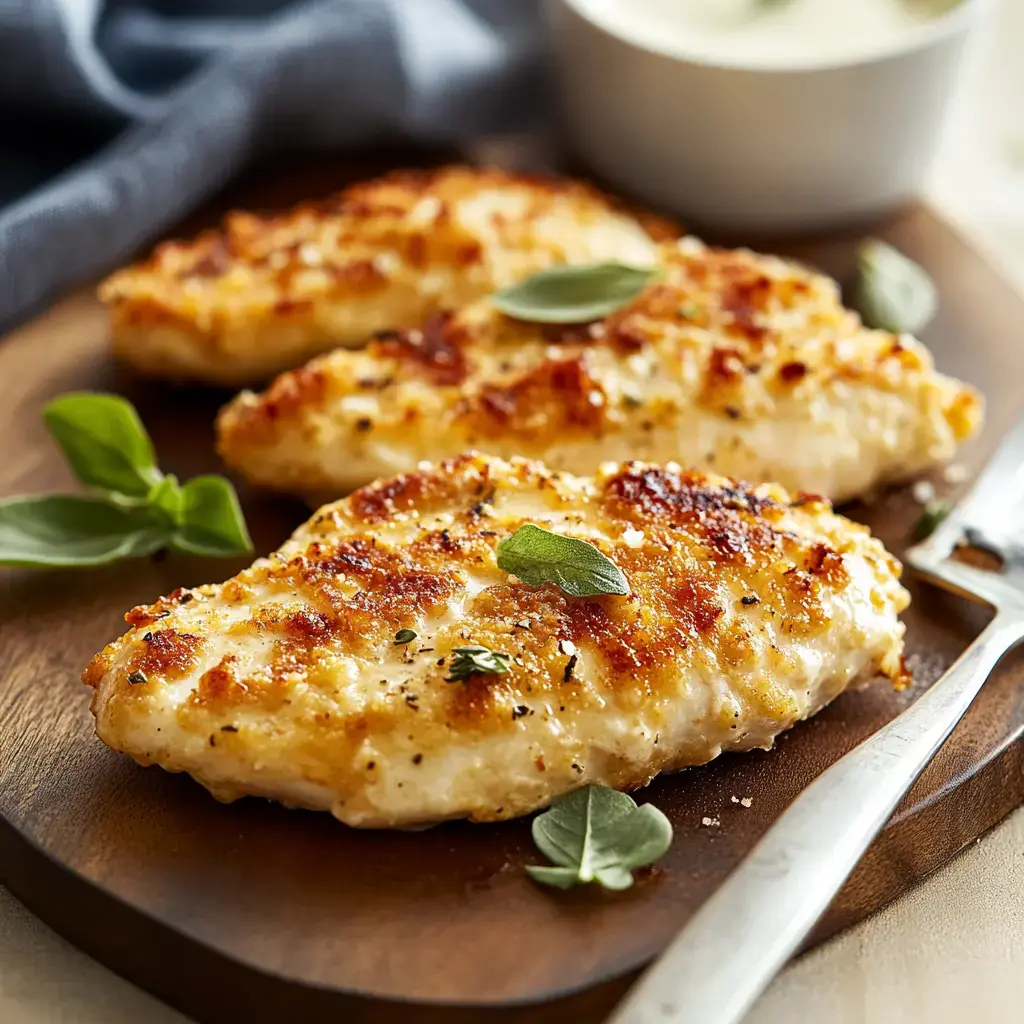 Three golden-brown, breaded chicken fillets are served on a wooden platter, garnished with fresh herbs, alongside a small bowl of dipping sauce.