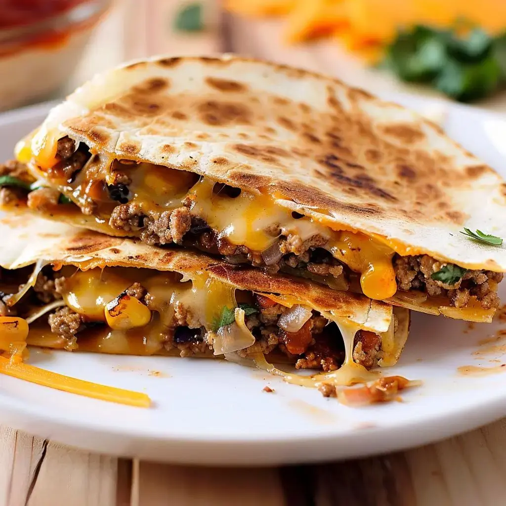 A close-up of two stacked quesadillas filled with melted cheese, ground meat, and vegetables, served on a white plate.