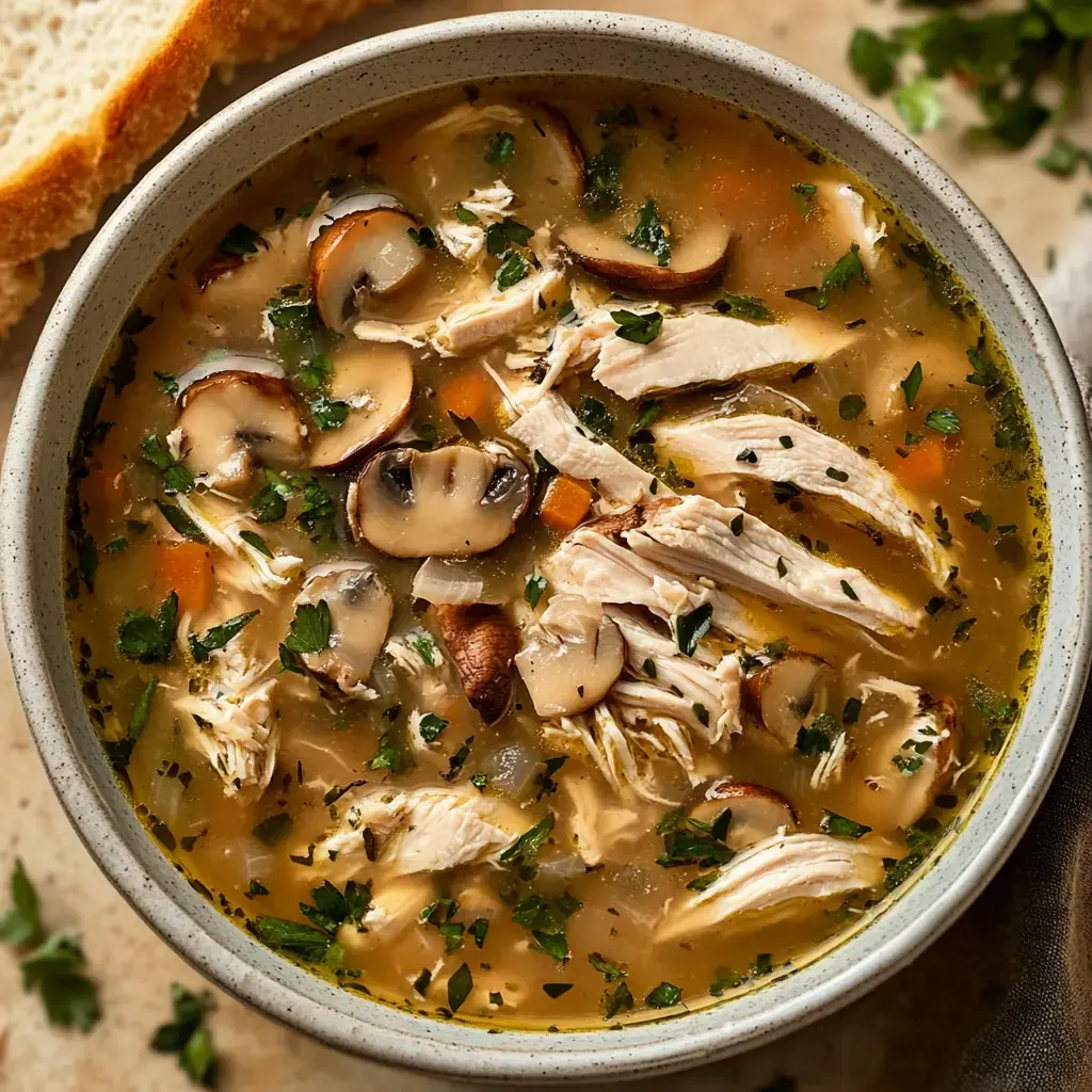 A bowl of chicken soup with shredded chicken, sliced mushrooms, and chopped herbs, accompanied by a piece of bread.