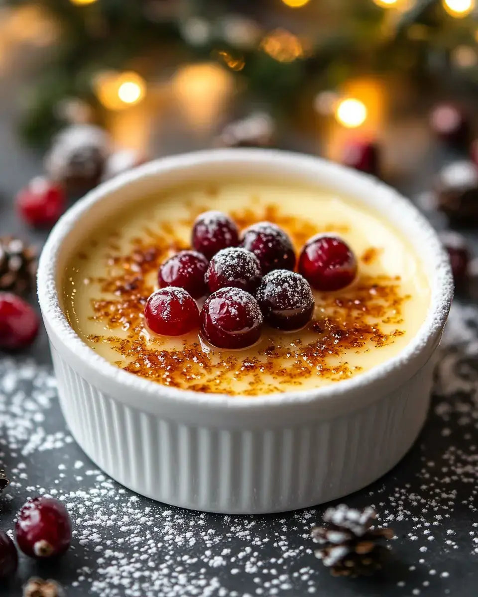 A creamy dessert garnished with sugared cranberries and powdered sugar, surrounded by festive decorations.