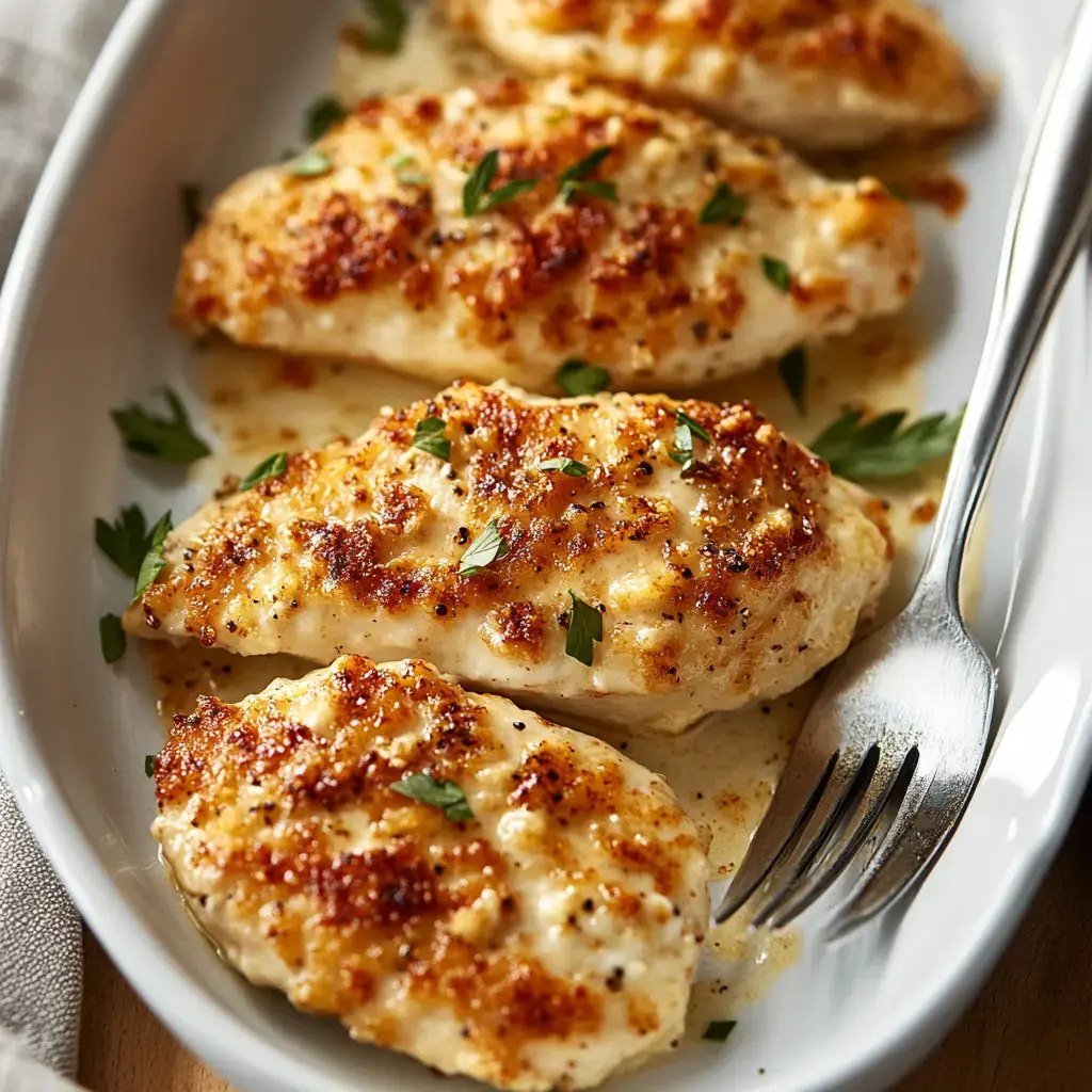 A platter of golden-brown, baked chicken breasts garnished with fresh parsley, served with a fork on the side.