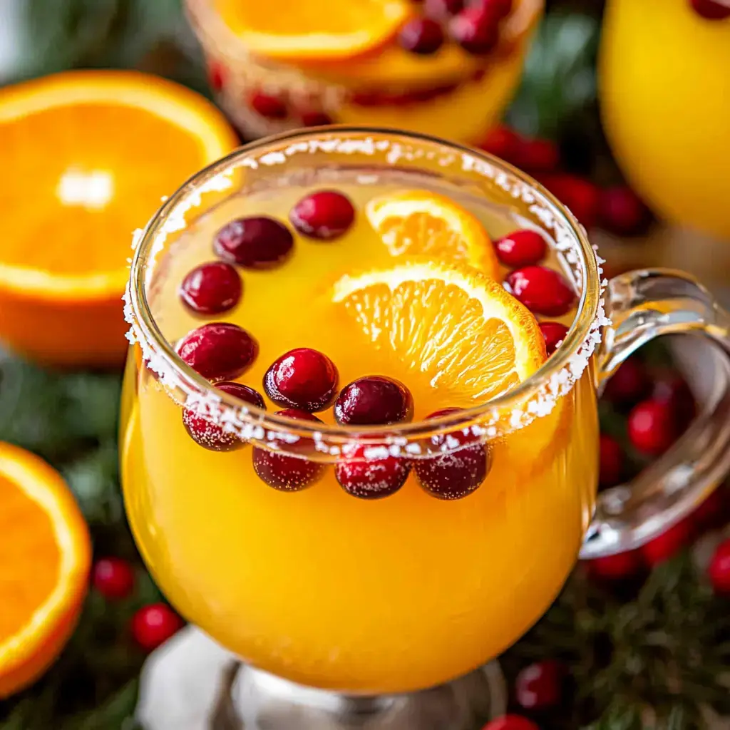 A close-up of a glass of colorful fruit drink garnished with cranberries and orange slices, surrounded by fresh oranges and greenery.