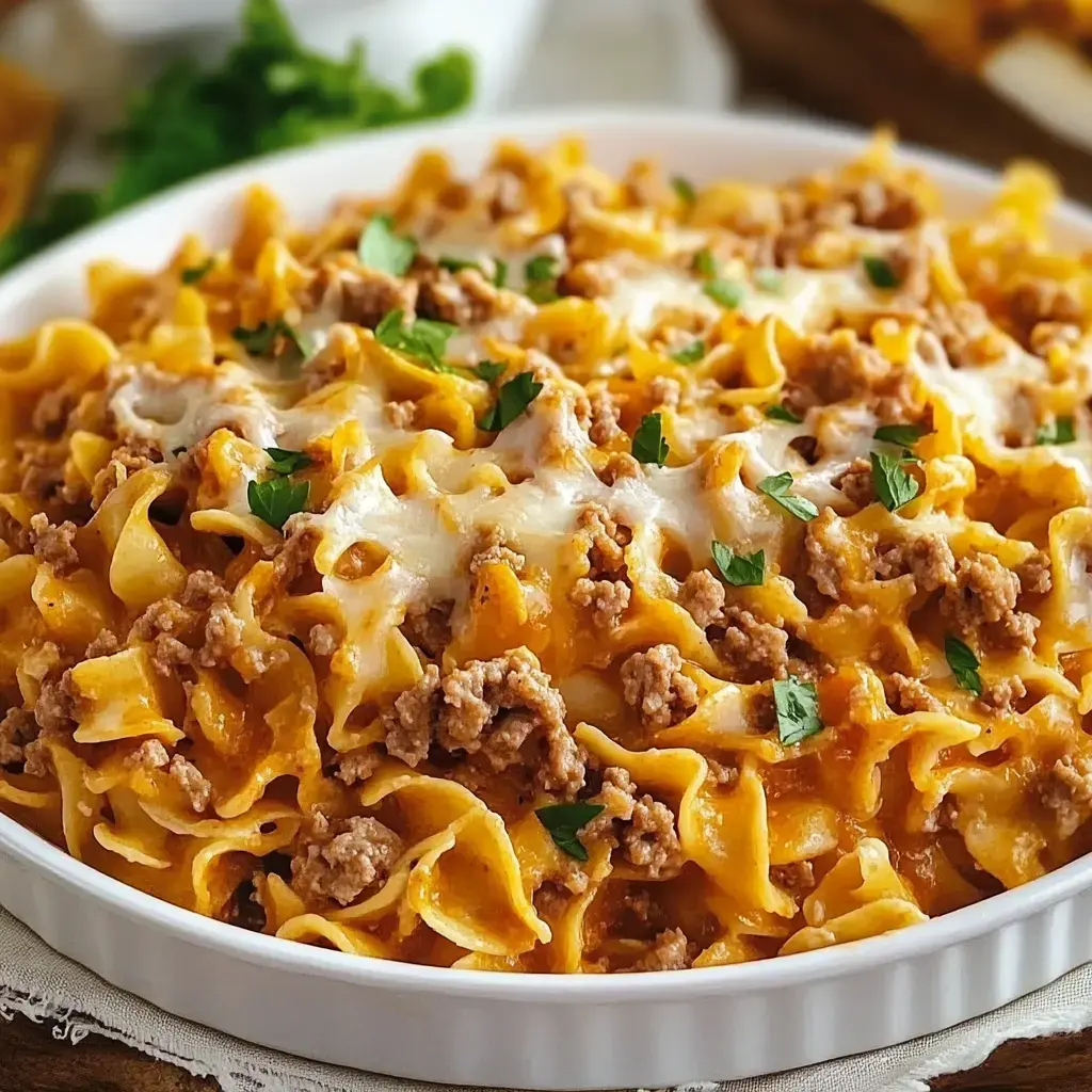 A creamy pasta dish with egg noodles, ground meat, and melted cheese, garnished with fresh parsley.