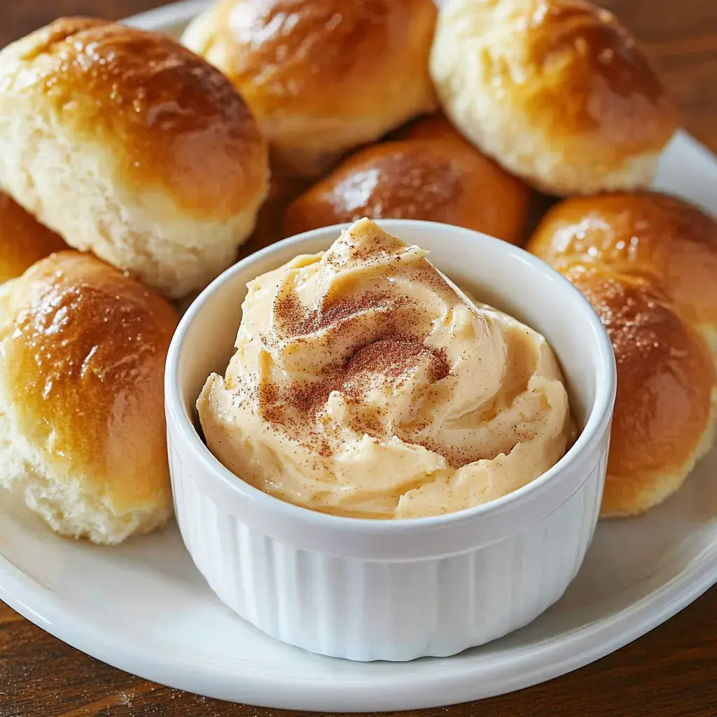 A bowl of creamy, cinnamon-spiced butter is placed in front of soft, golden-brown dinner rolls.