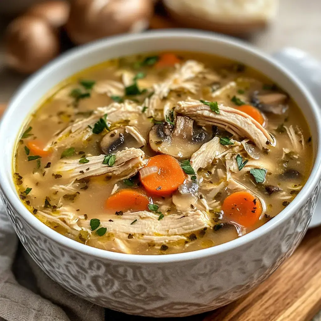 A bowl of chicken soup with shredded chicken, carrots, mushrooms, and herbs, placed on a wooden surface with onions and bread in the background.