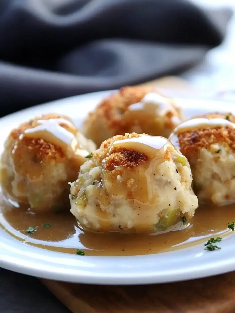 A close-up of three fluffy dumplings topped with gravy on a white plate, garnished with parsley.