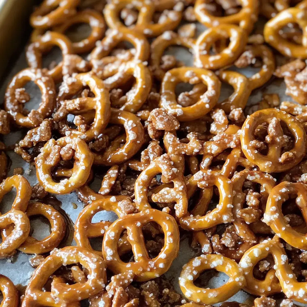 A close-up of caramel-coated pretzels scattered on a baking sheet.