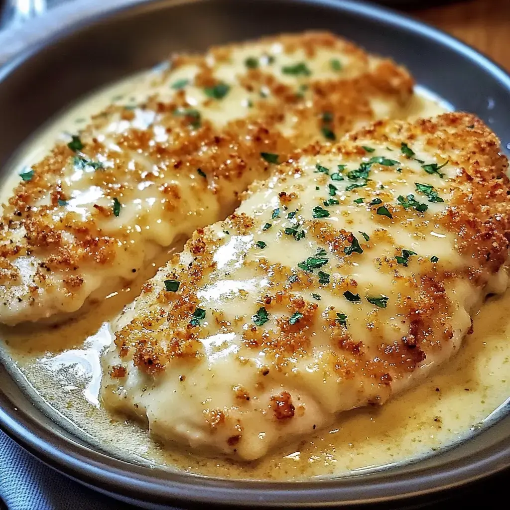 A close-up of two golden-brown breaded fish fillets topped with creamy sauce and garnished with parsley, served in a gray dish.