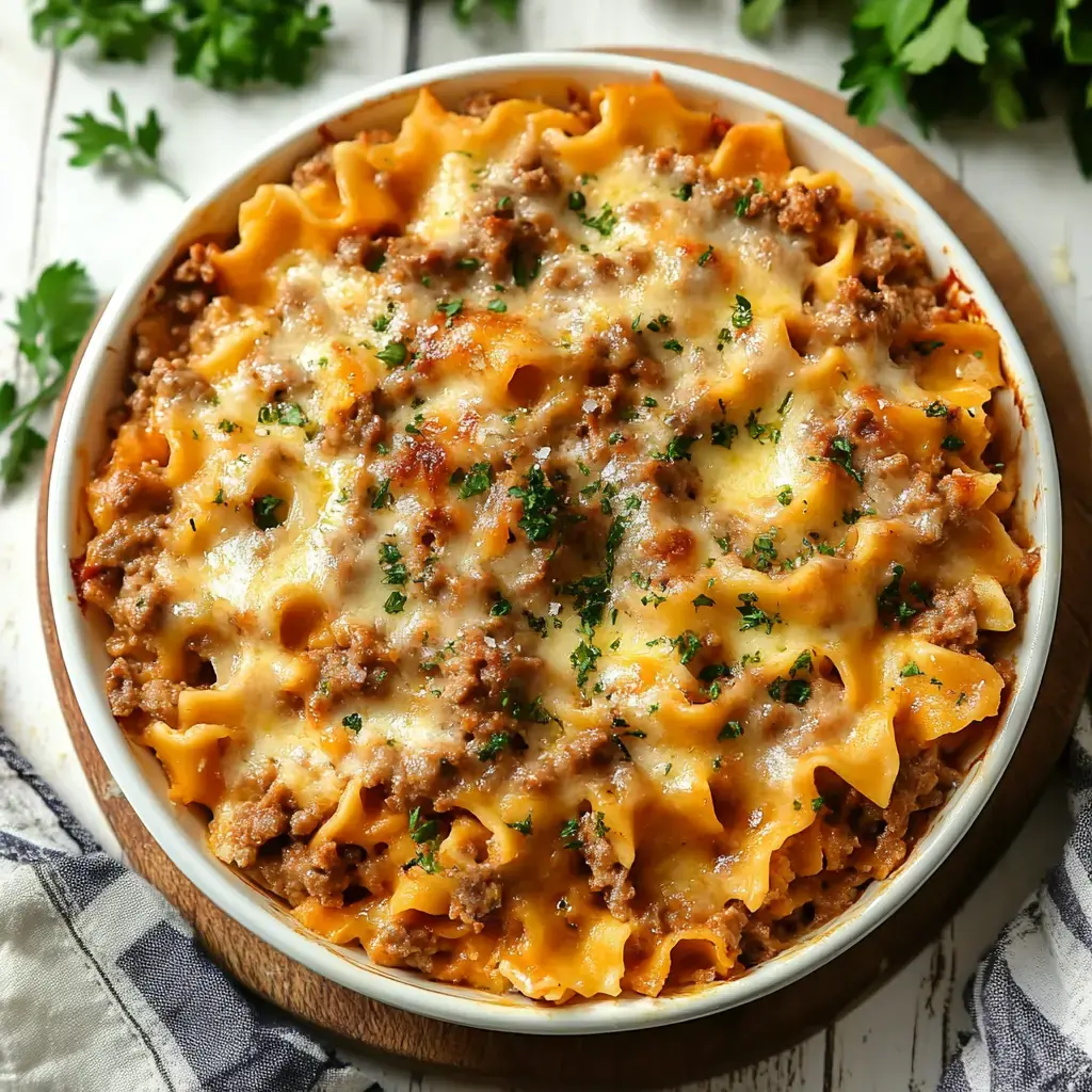 A baked pasta dish with layers of noodles, ground meat, and melted cheese, garnished with parsley.