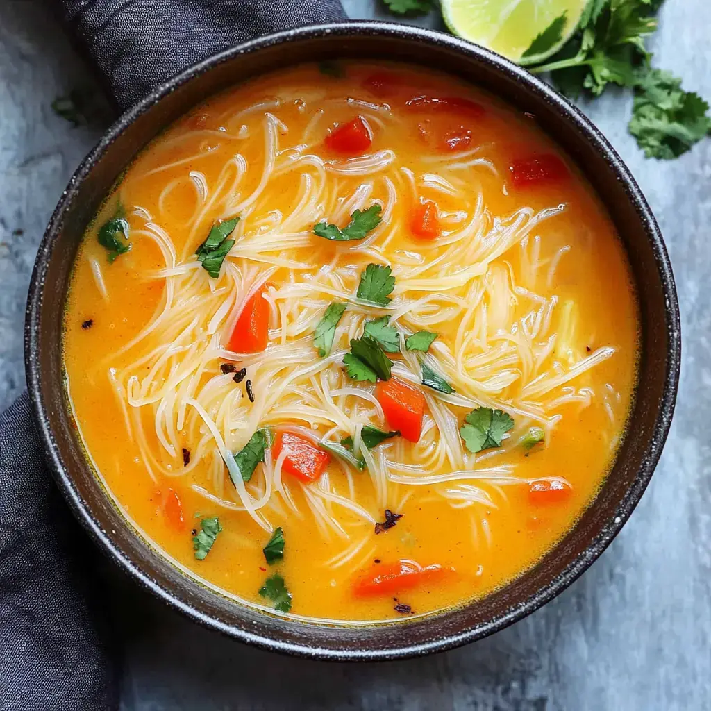 A warm bowl of soup with thin noodles, red peppers, and cilantro, set against a textured surface.