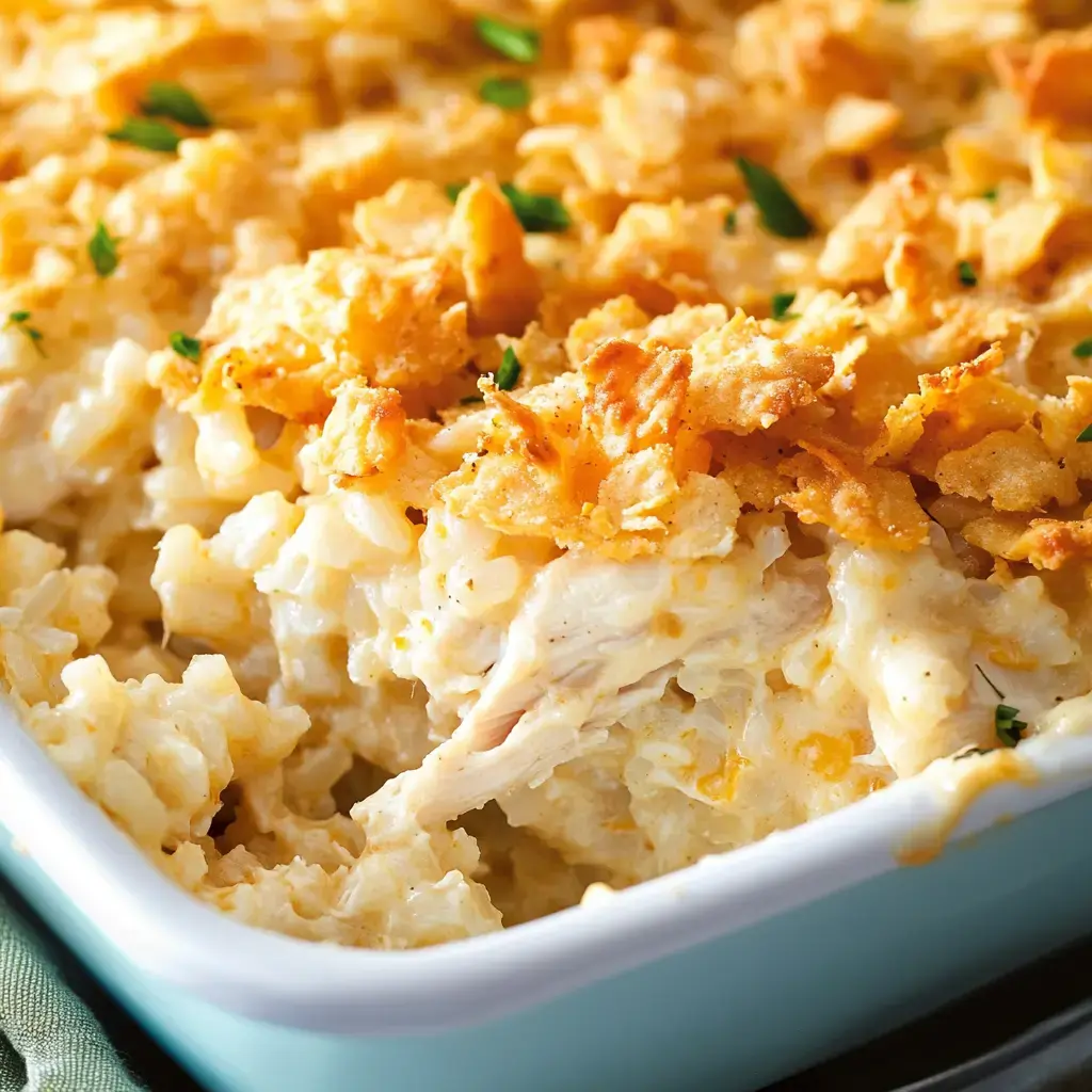 A creamy chicken casserole topped with crispy fried onion bits is displayed in a baking dish.