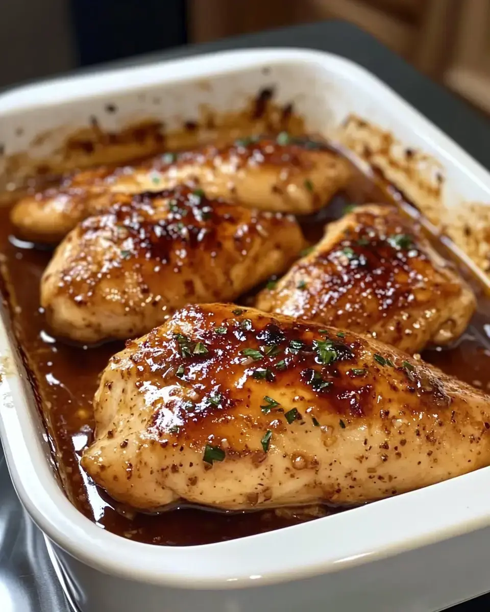 A close-up of four glazed chicken breasts resting in a savory sauce, garnished with chopped herbs, in a white baking dish.