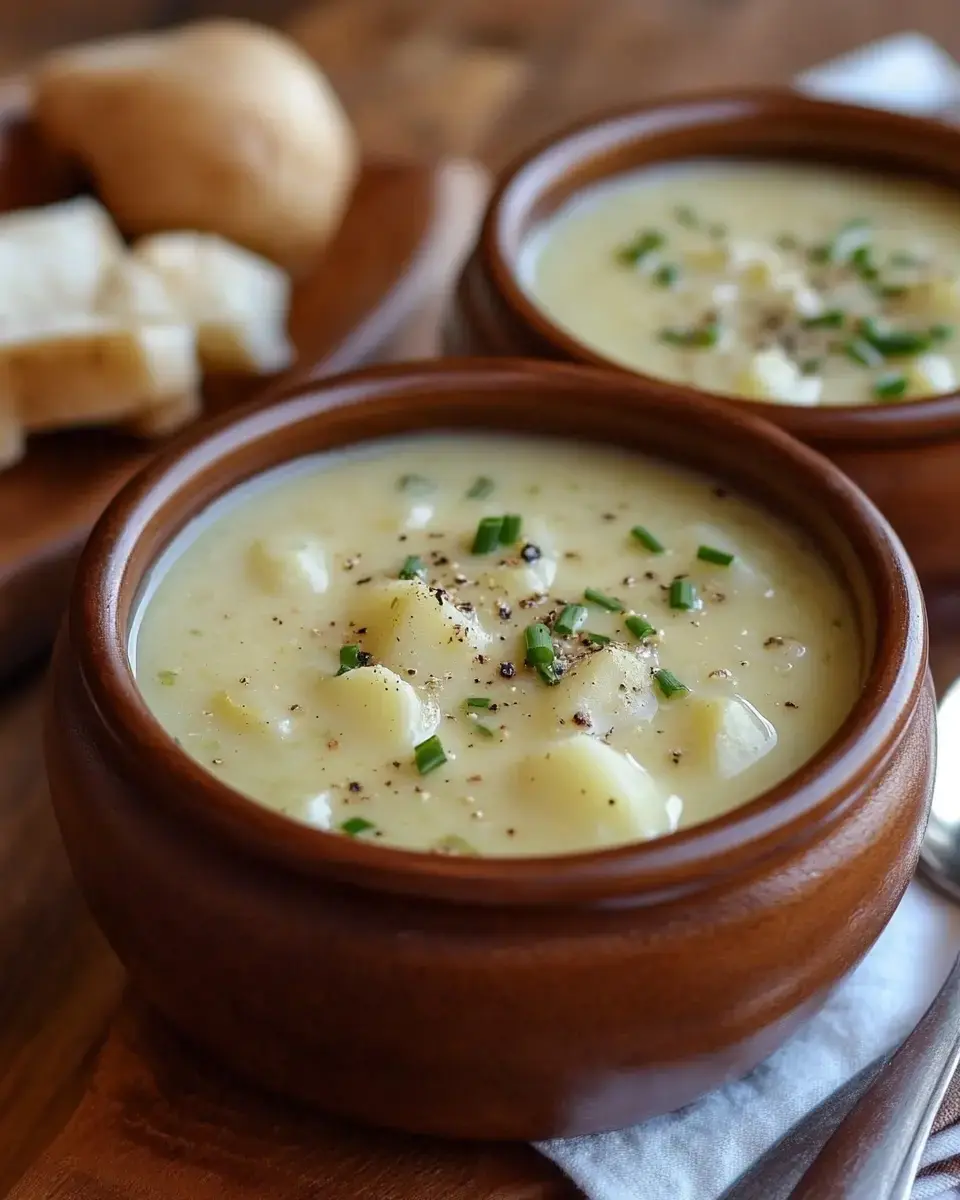 Two bowls of creamy potato soup topped with chopped chives and black pepper, accompanied by pieces of bread on a wooden surface.