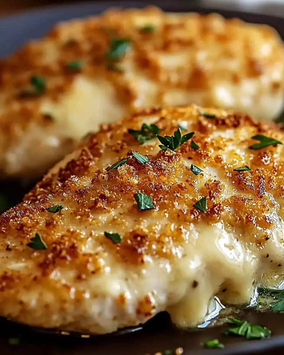 A close-up of two golden-brown, breaded fish fillets topped with chopped parsley on a dark plate.