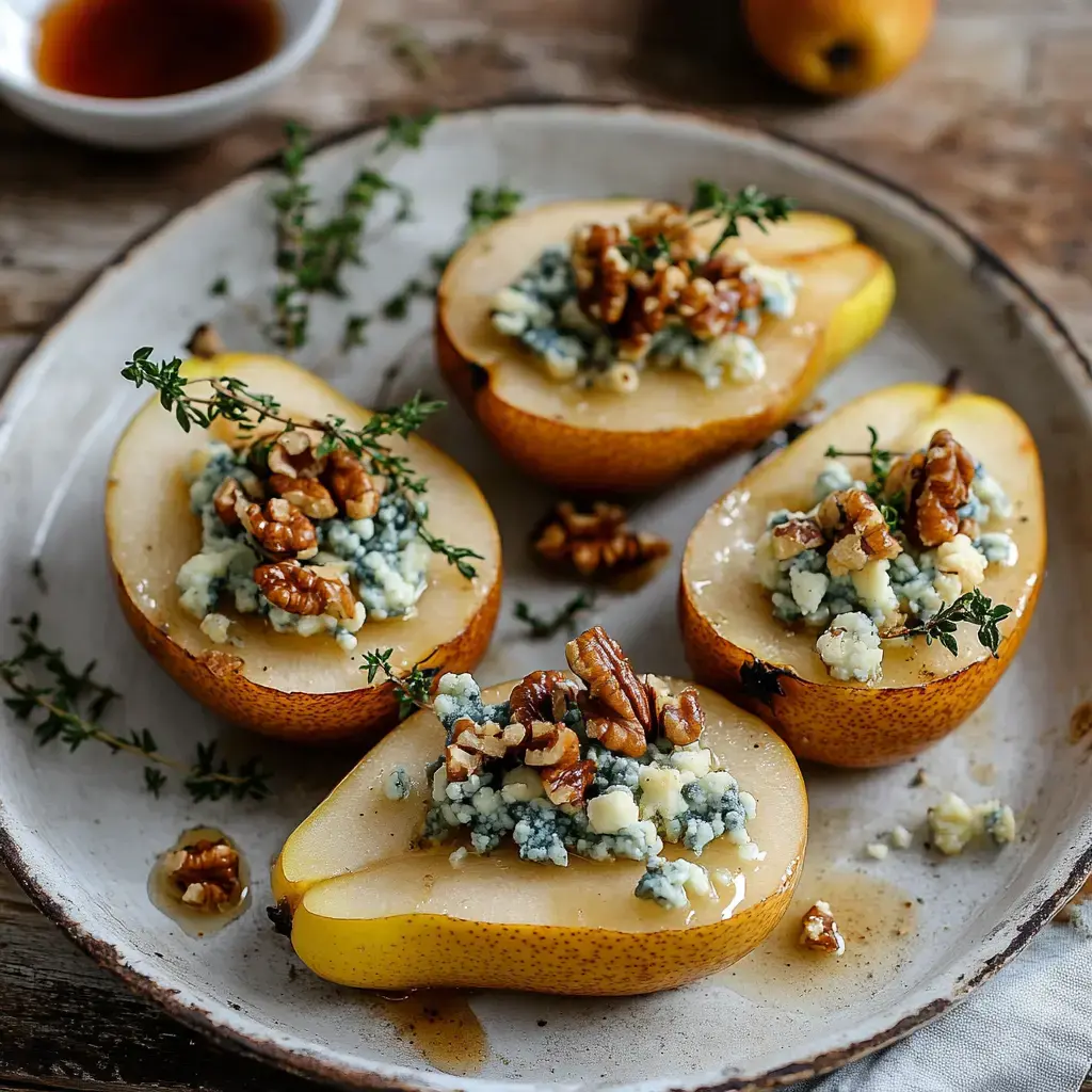 Halved pears topped with blue cheese, walnuts, and sprigs of thyme, served on a rustic plate.