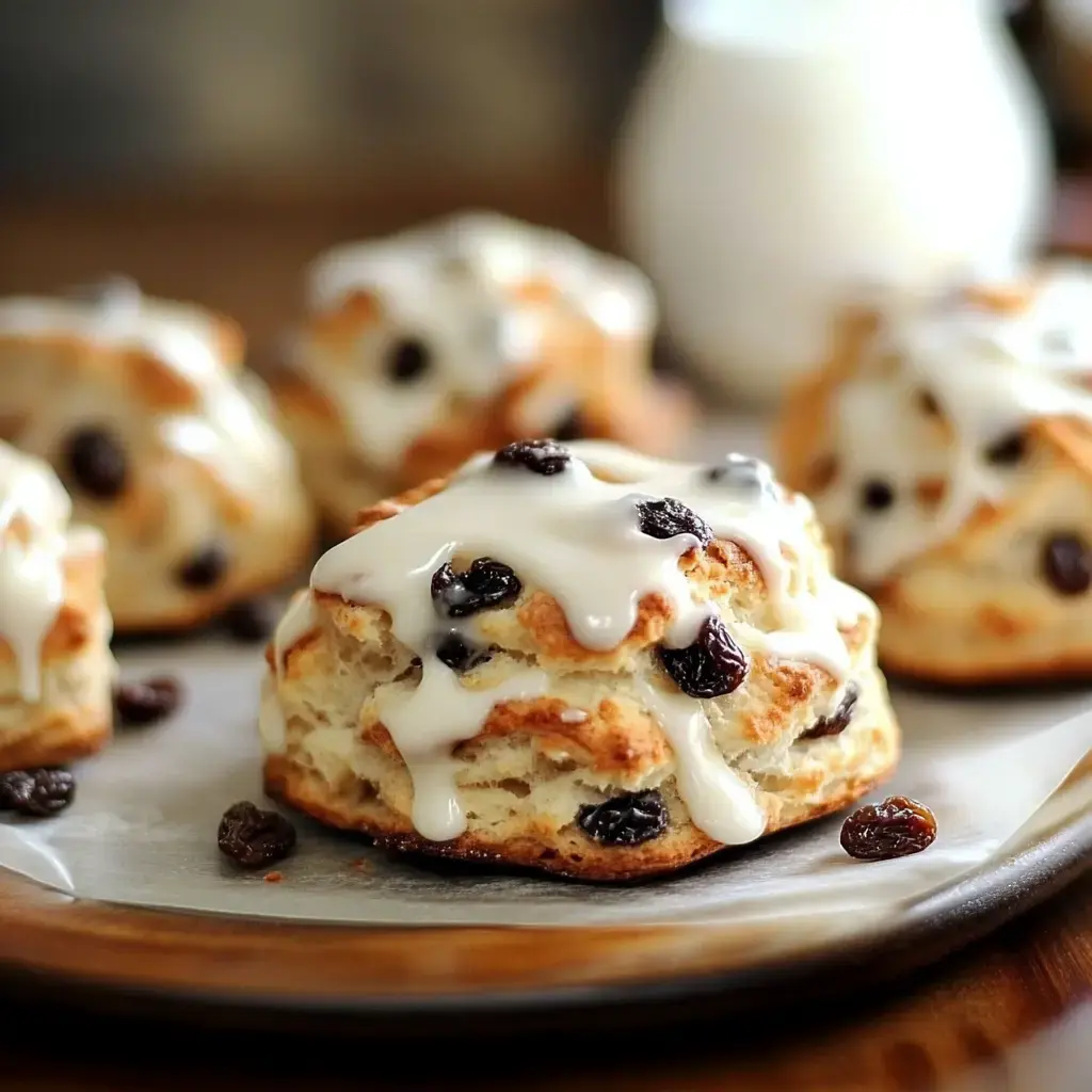 A close-up of freshly baked scones topped with a glossy icing and studded with raisins, arranged on a round wooden serving tray.