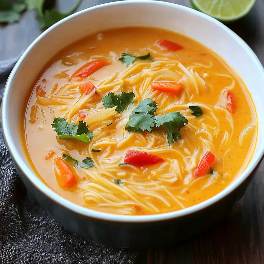 A bowl of creamy soup with noodles, red pepper pieces, and fresh cilantro leaves.