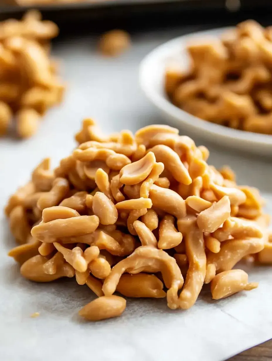 A pile of light brown, shaped candy pieces is displayed on white parchment paper, with a bowl of similar candy in the background.