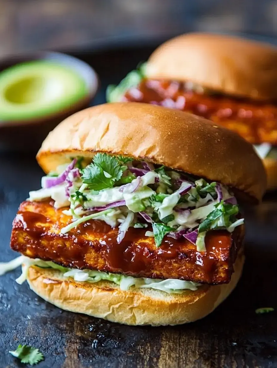 Two burgers with a breaded protein patty, topped with coleslaw and barbecue sauce, served with a side of avocado.