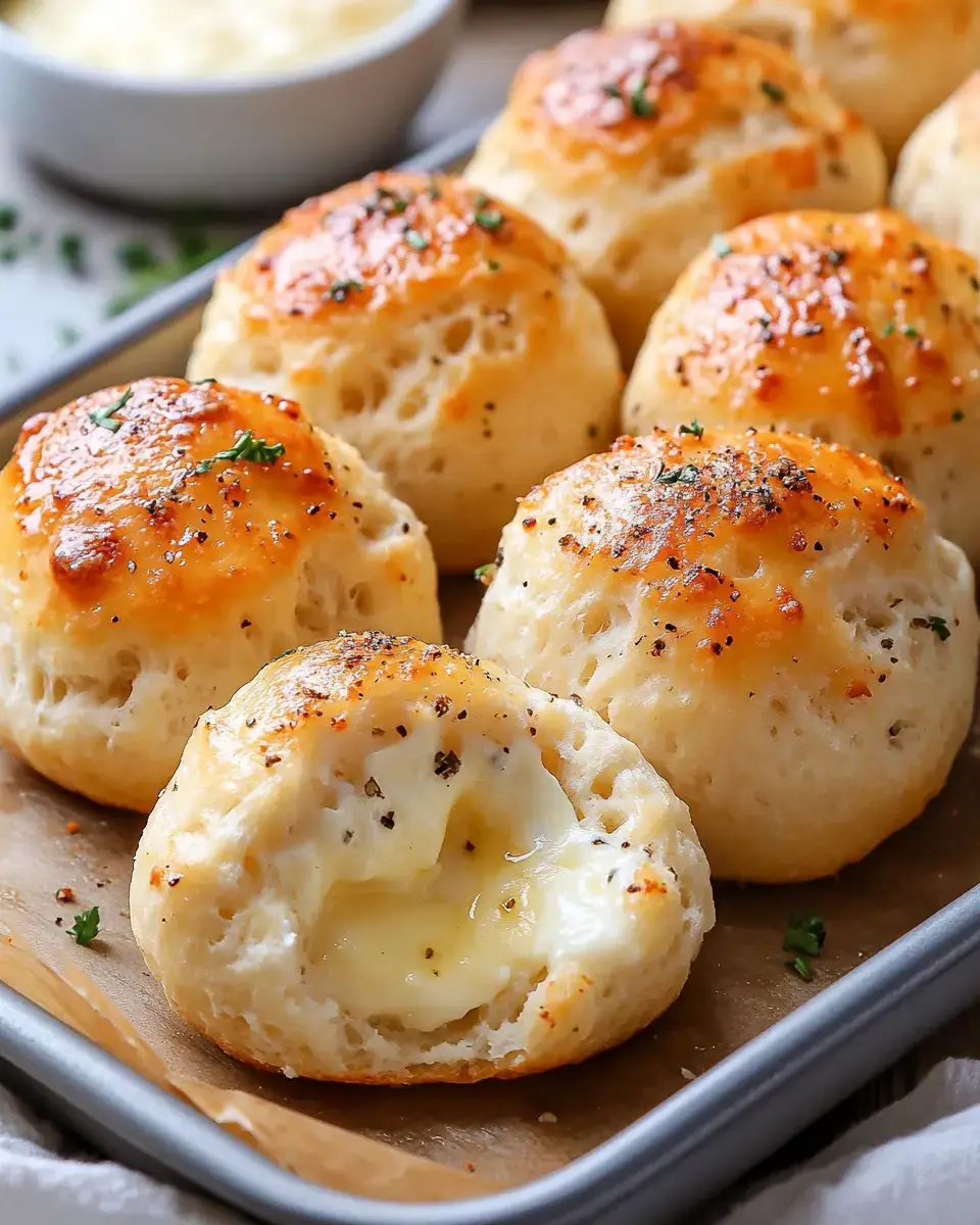 A tray of golden, fluffy bread rolls with melted cheese oozing from one, sprinkled with herbs and spices.