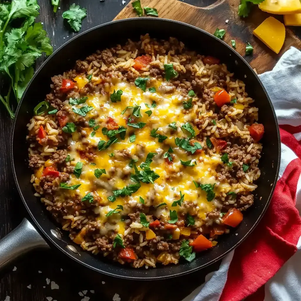 A skillet filled with seasoned ground beef, rice, diced peppers, and melted cheese, garnished with fresh herbs.