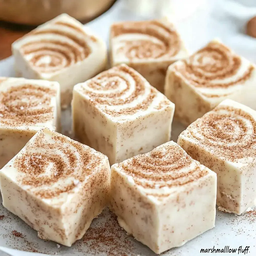 A close-up of cubed marshmallow fudge sprinkled with cinnamon, arranged neatly on a plate.