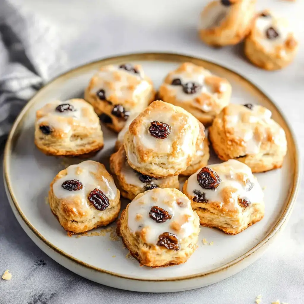 A plate of freshly baked scones topped with a glaze and raisins.