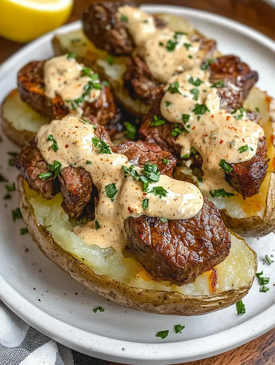 A close-up plate of baked potatoes topped with grilled steak pieces and a creamy sauce, garnished with chopped parsley.