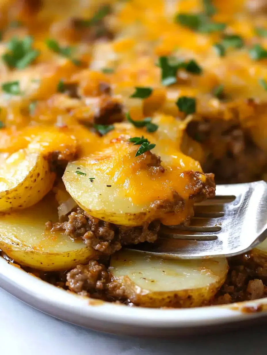 A fork lifts a portion of cheesy, loaded ground beef and potato casserole, garnished with parsley.