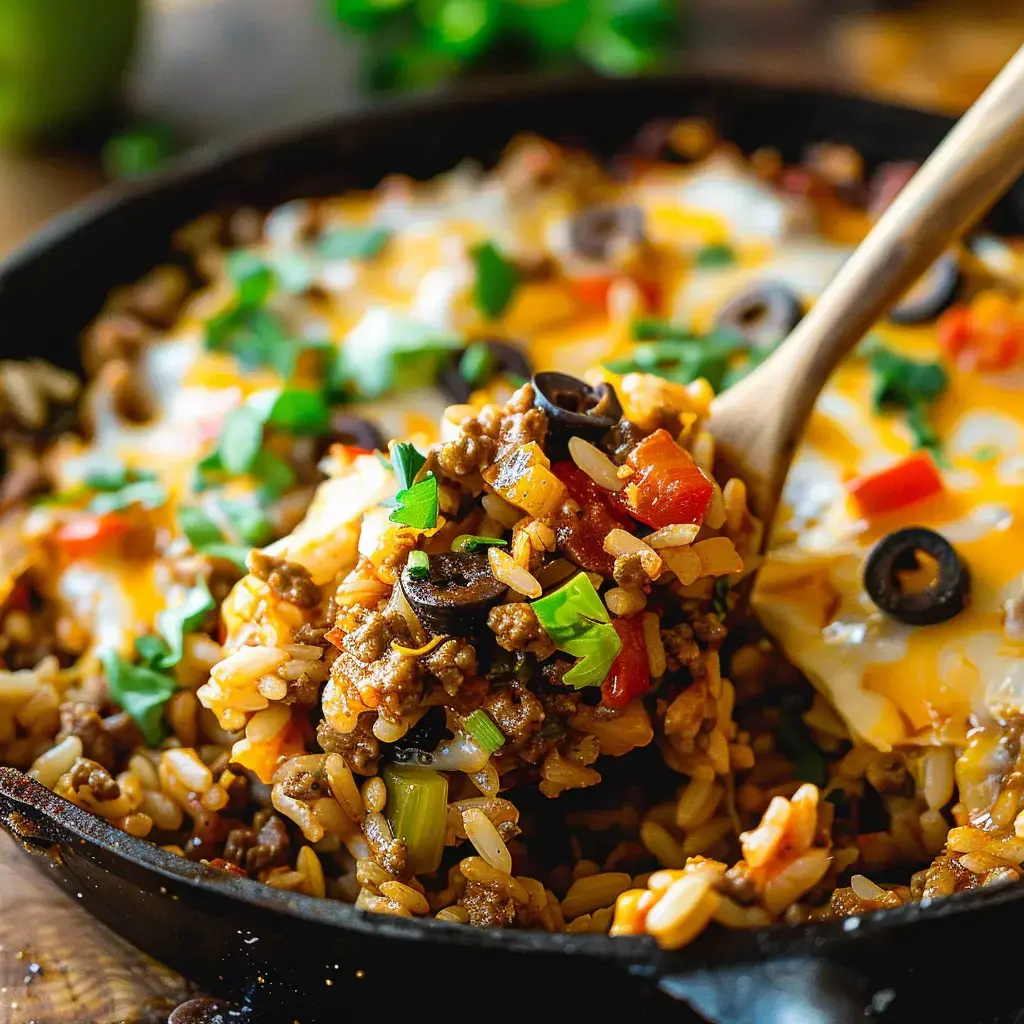 A close-up view of a skillet filled with a flavorful mixture of rice, ground meat, diced tomatoes, black olives, and topped with cheese and fresh herbs.