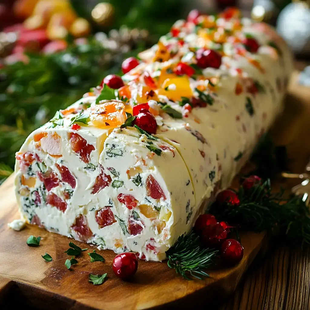 A colorful cheese log decorated with herbs, fruits, and cranberries, arranged on a wooden board amidst festive greenery.