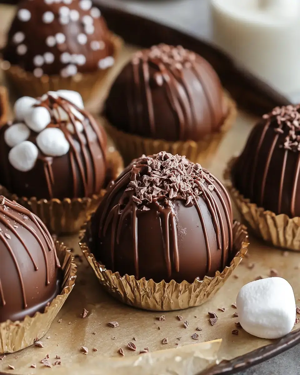 A tray of decorative chocolate cocoa bombs topped with various designs and surrounded by small marshmallows and chocolate shavings.