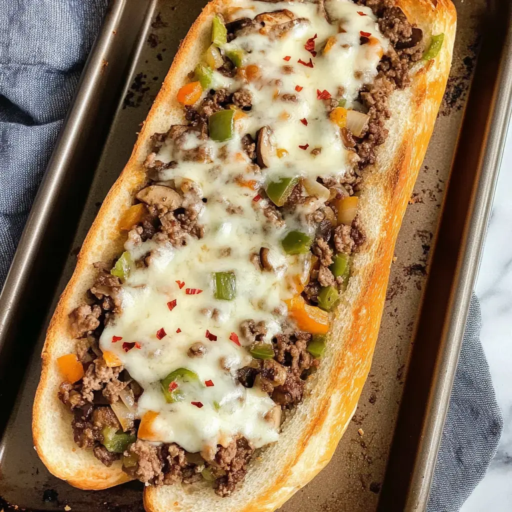 A toasted sandwich hoagie filled with seasoned ground beef, sautéed vegetables, and melted cheese, garnished with red pepper flakes.