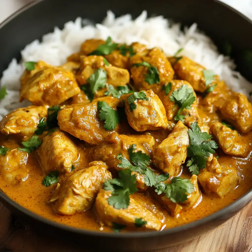 A bowl of chicken curry served over fluffy white rice, garnished with fresh cilantro.