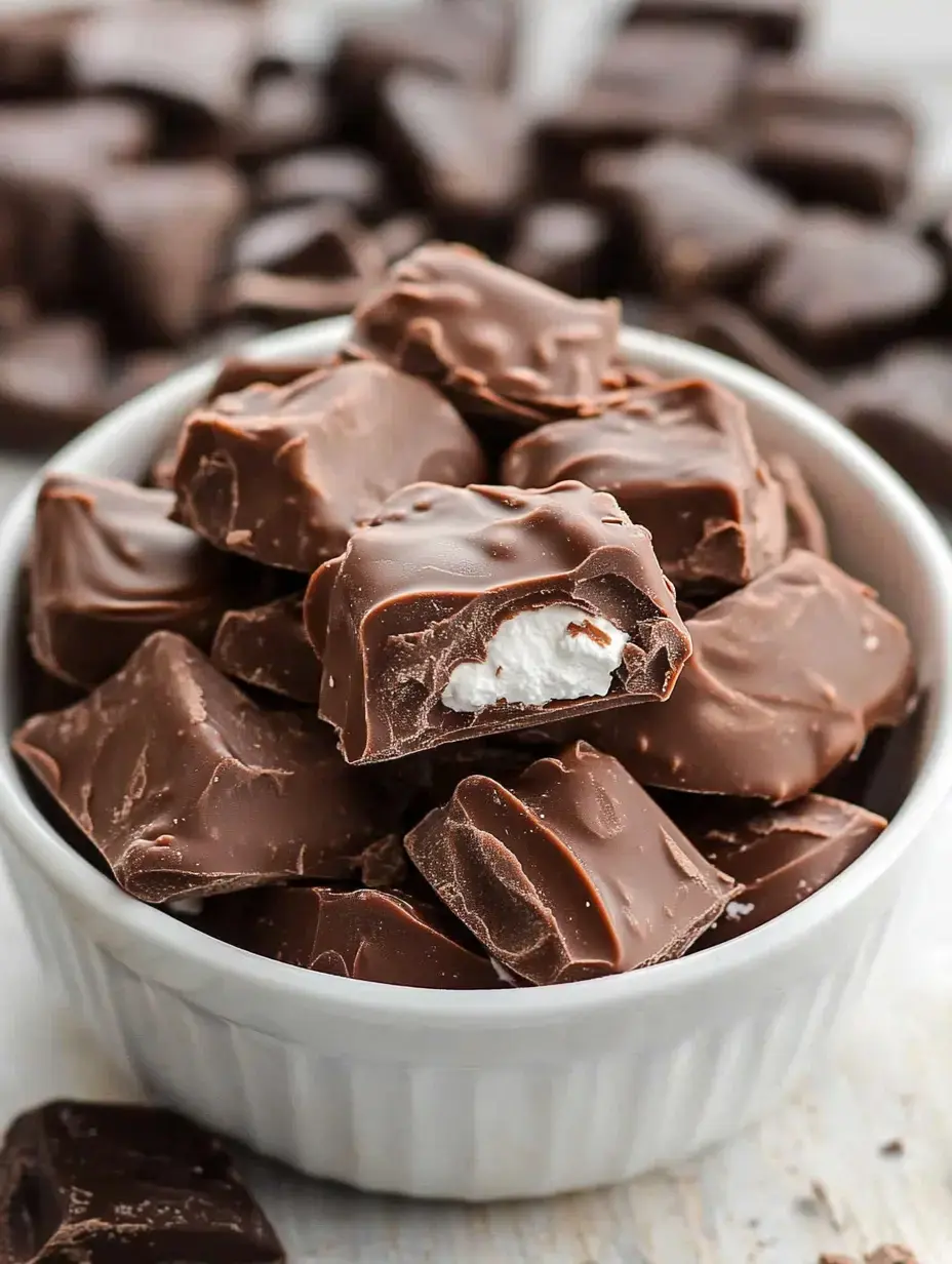 A bowl filled with chocolate-covered candies, some of which are partially bitten to reveal a creamy filling.