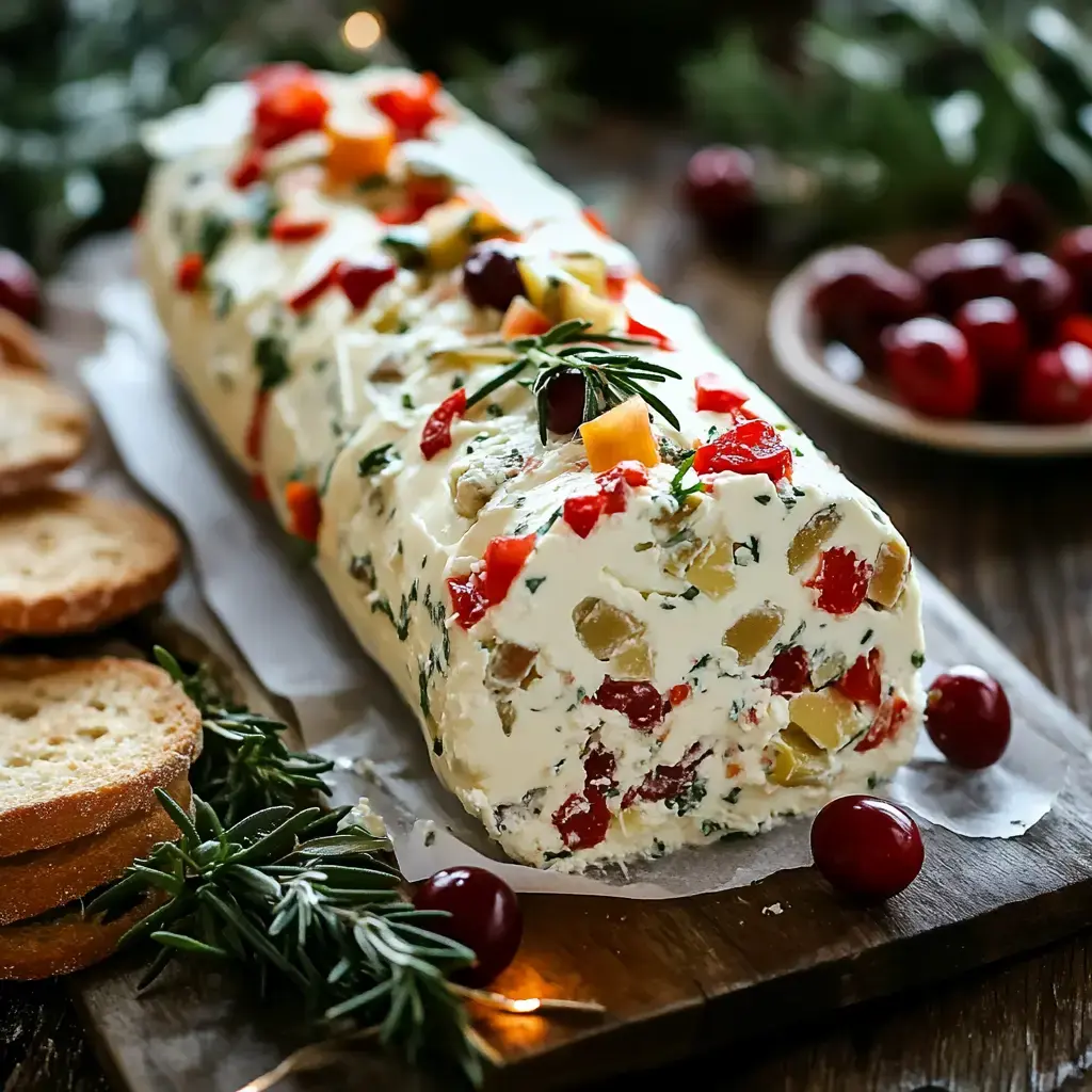 A creamy cheese log decorated with colorful diced vegetables and herbs, served with slices of toasted bread.