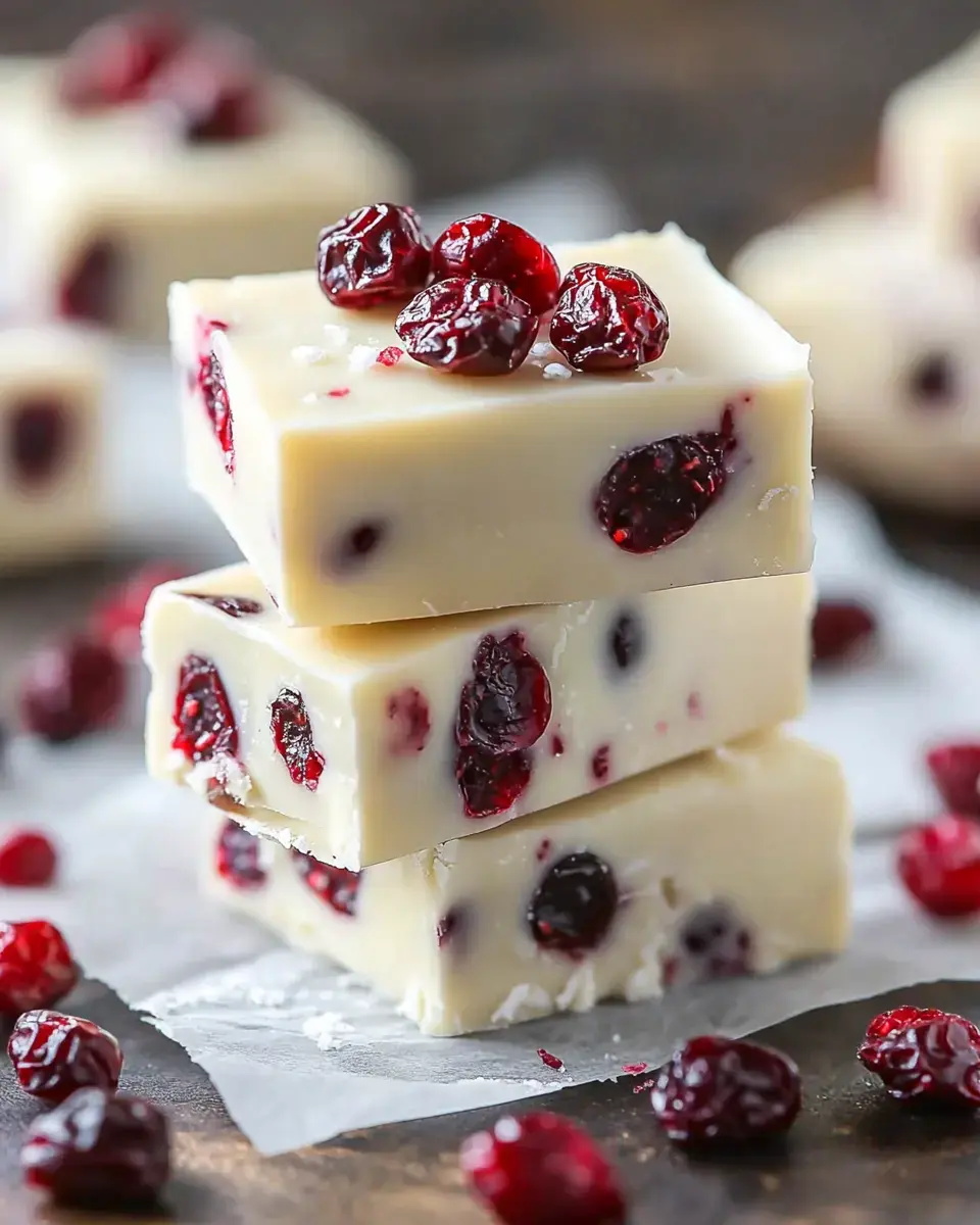 Three stacked pieces of white fudge with dried cranberries, surrounded by additional cranberries.