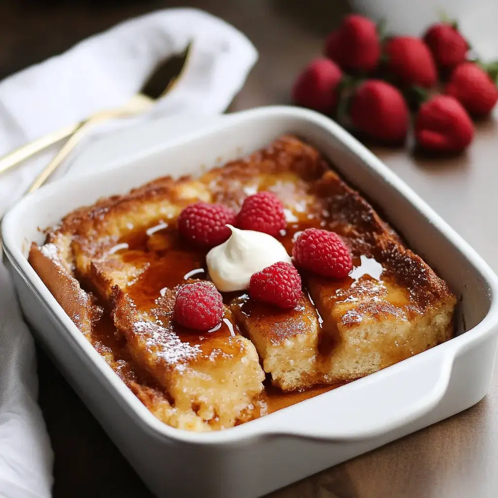 A baked dessert topped with raspberries and a dollop of cream, served in a white dish with syrup drizzled on top.