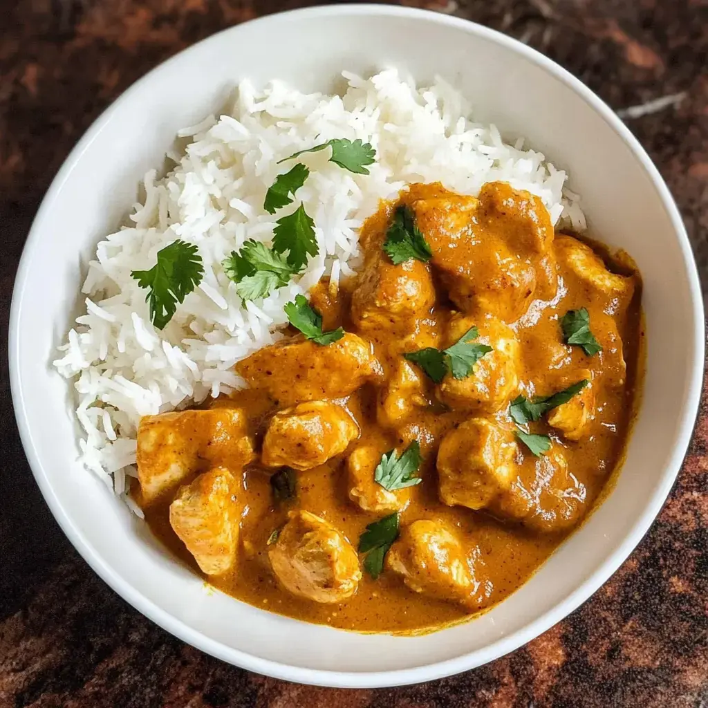 A bowl filled with white rice and chicken in a creamy orange sauce, garnished with fresh cilantro.