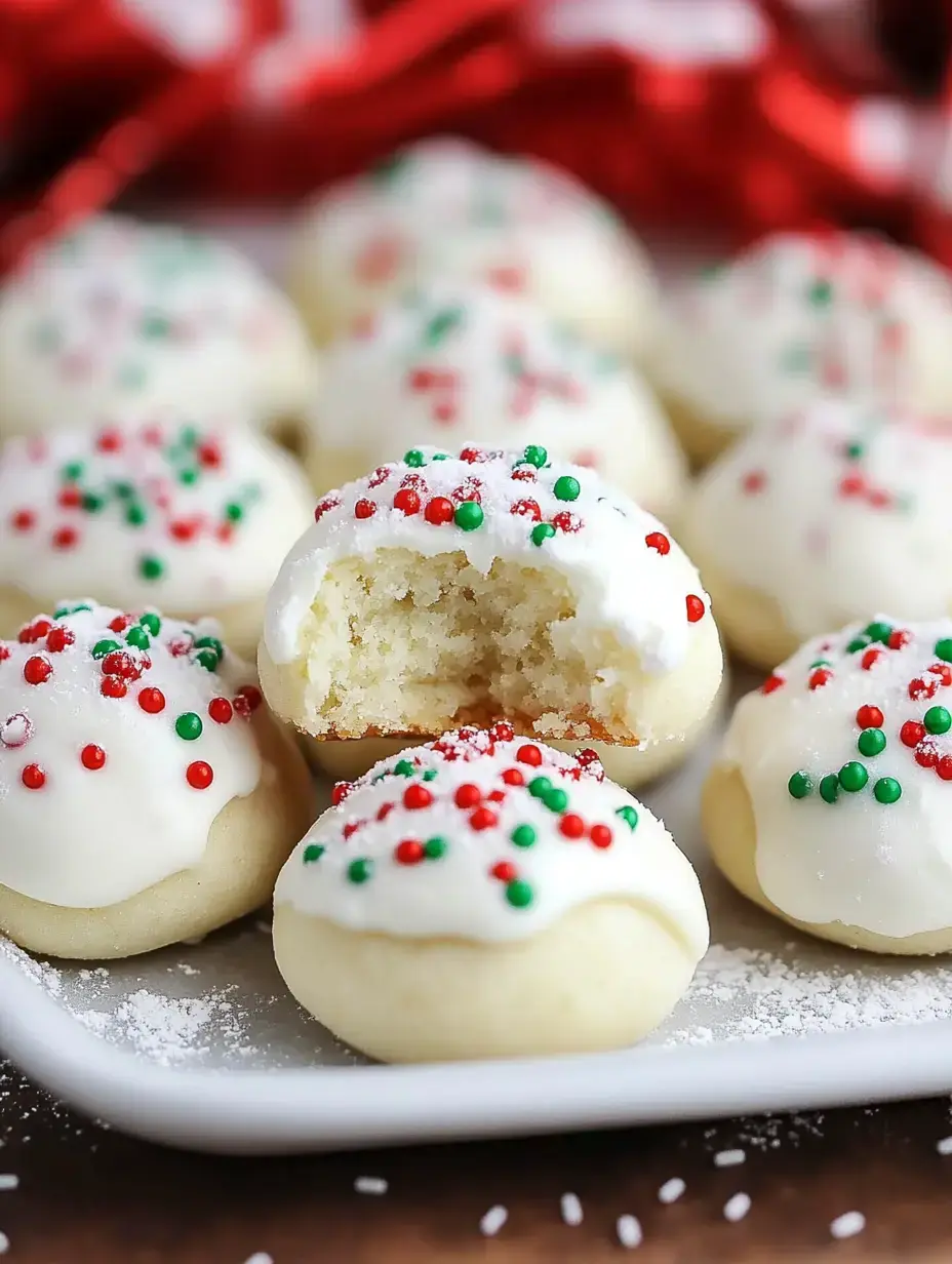 A plate of festive cookies decorated with red and green sprinkles, with one cookie bitten to reveal its soft, cake-like interior.