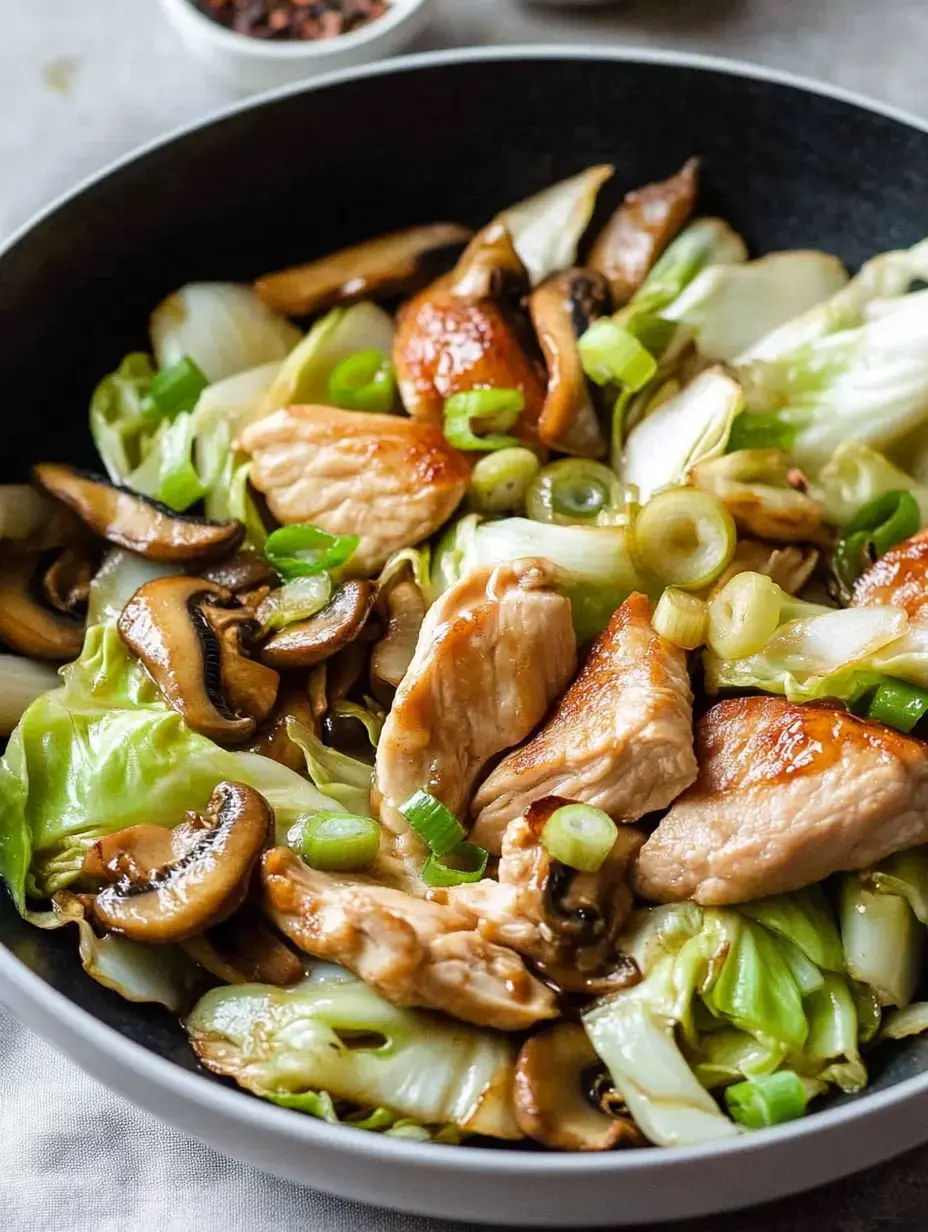 A bowl of sautéed chicken pieces mixed with cabbage, mushrooms, and green onions in a savory sauce.