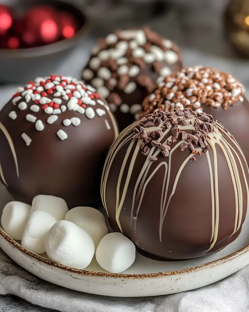 A plate of chocolate-covered cocoa bombs decorated with various toppings and accompanied by mini marshmallows.